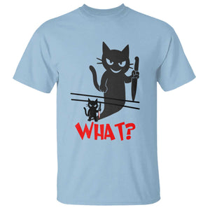 Murder Cat What T Shirt Funny Black Kitty Holding Knife Meme TS14 Light Blue Print Your Wear
