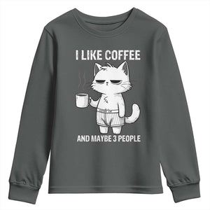 I Like Coffee And Maybe Three People Youth Sweatshirt Funny Cat Coffee Lover TS14 Dark Heather Print Your Wear