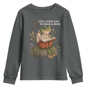 Cute Frog Reading Youth Sweatshirt It Is A Good Day To Read A Book TS14 Dark Heather Print Your Wear