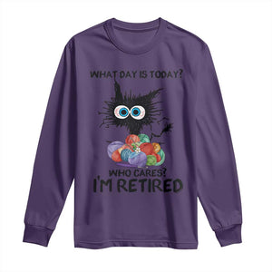 Funny Retired Cat Crochet Long Sleeve Shirt What Day Is Today Who Cares I Am Retired TS14 Purple Print Your Wear