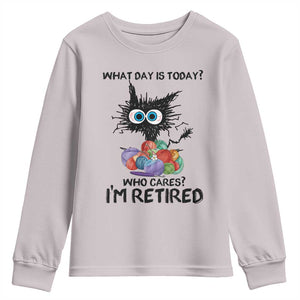 Funny Retired Cat Crochet Youth Sweatshirt What Day Is Today Who Cares I Am Retired TS14 Ice Gray Print Your Wear