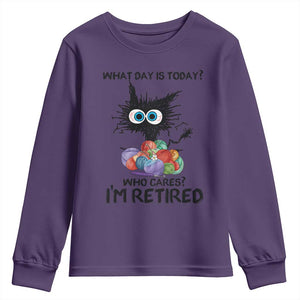 Funny Retired Cat Crochet Youth Sweatshirt What Day Is Today Who Cares I Am Retired TS14 Purple Print Your Wear