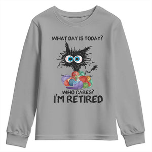 Funny Retired Cat Crochet Youth Sweatshirt What Day Is Today Who Cares I Am Retired TS14 Sport Gray Print Your Wear