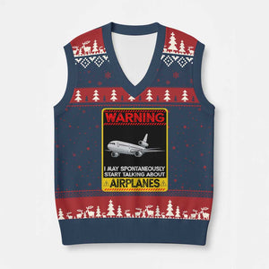 Funny Pilot V-Neck Knit Sweater Vest Warning May Spontaneously Talk About Airplanes TS14 Navy Red Print Your Wear