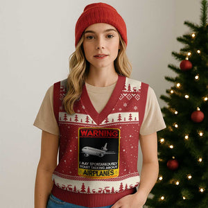 Funny Pilot V-Neck Knit Sweater Vest Warning May Spontaneously Talk About Airplanes TS14 Red Beige Print Your Wear