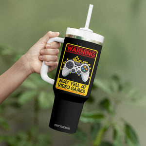 Funny Video Gamer Tumbler With Handle Warning May Yell At Video Games TS14 Print Your Wear