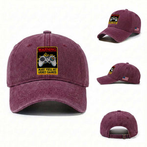 Funny Video Gamer Washed Cotton Baseball Cap Warning May Yell At Video Games TS14 Washed Cap Universal Fit Burgundy Print Your Wear