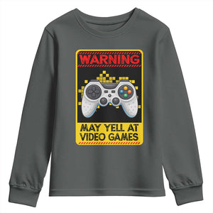Funny Video Gamer Youth Sweatshirt Warning May Yell At Video Games TS14 Dark Heather Print Your Wear