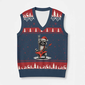 Funny Raccoon Rock Music Xmas V-Neck Knit Sweater Vest TS14 Navy Red Print Your Wear