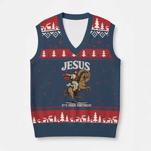 Funny Cowboy Jesus Xmas V-Neck Knit Sweater Vest It Is Your Birthday TS14 Navy Red Print Your Wear