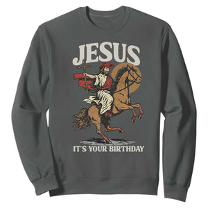 Funny Cowboy Jesus Christmas Sweatshirt It Is Your Birthday TS14 Dark Heather Print Your Wear