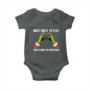 Funny Elf Hand Christmas Baby Onesie Most Likely To Play Video Games On Christmas TS14 Dark Heather Print Your Wear