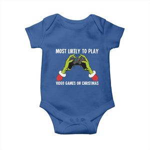 Funny Elf Hand Christmas Baby Onesie Most Likely To Play Video Games On Christmas TS14 Royal Blue Print Your Wear