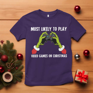 Funny Elf Hand Christmas T Shirt Most Likely To Play Video Games On Christmas TS14 Purple Print Your Wear