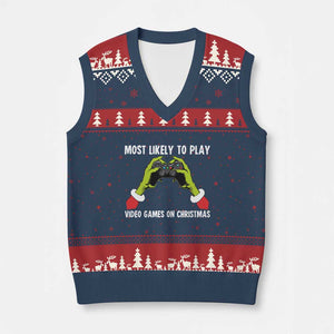 Funny Elf Hand Xmas V-Neck Knit Sweater Vest Most Likely To Play Video Games On Xmas TS14 Navy Red Print Your Wear