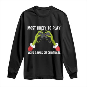 Funny Elf Hand Christmas Long Sleeve Shirt Most Likely To Play Video Games On Christmas TS14 Black Print Your Wear