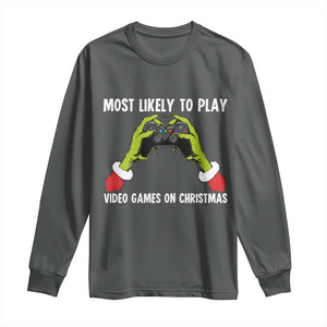 Funny Elf Hand Christmas Long Sleeve Shirt Most Likely To Play Video Games On Christmas TS14 Dark Heather Print Your Wear