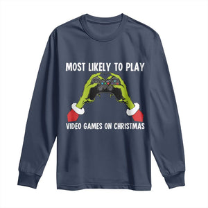 Funny Elf Hand Christmas Long Sleeve Shirt Most Likely To Play Video Games On Christmas TS14 Navy Print Your Wear