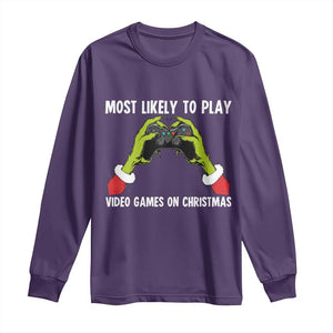 Funny Elf Hand Christmas Long Sleeve Shirt Most Likely To Play Video Games On Christmas TS14 Purple Print Your Wear