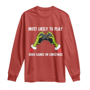 Funny Elf Hand Christmas Long Sleeve Shirt Most Likely To Play Video Games On Christmas TS14 Red Print Your Wear