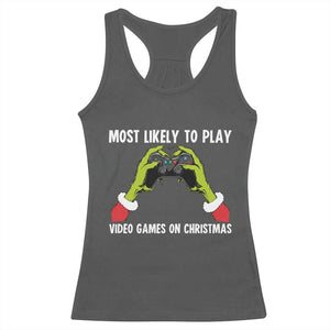 Funny Elf Hand Christmas Racerback Tank Top Most Likely To Play Video Games On Christmas TS14 Dark Heather Print Your Wear