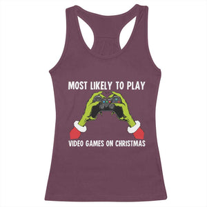 Funny Elf Hand Christmas Racerback Tank Top Most Likely To Play Video Games On Christmas TS14 Maroon Print Your Wear