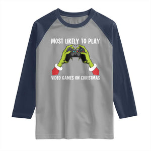 Funny Elf Hand Christmas Raglan Shirt Most Likely To Play Video Games On Christmas TS14 Sport Gray Navy Print Your Wear