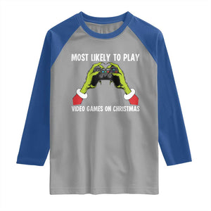 Funny Elf Hand Christmas Raglan Shirt Most Likely To Play Video Games On Christmas TS14 Sport Gray Royal Print Your Wear