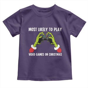 Funny Elf Hand Christmas Toddler T Shirt Most Likely To Play Video Games On Christmas TS14 Purple Print Your Wear