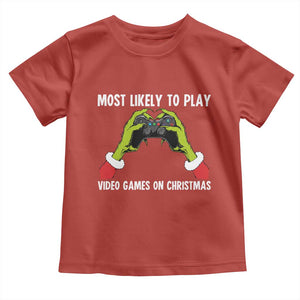 Funny Elf Hand Christmas Toddler T Shirt Most Likely To Play Video Games On Christmas TS14 Red Print Your Wear