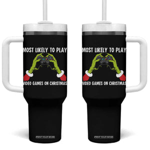 Funny Elf Hand Christmas Tumbler With Handle Most Likely To Play Video Games On Christmas TS14 One Size: 40 oz Black Print Your Wear