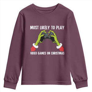 Funny Elf Hand Christmas Youth Sweatshirt Most Likely To Play Video Games On Christmas TS14 Maroon Print Your Wear