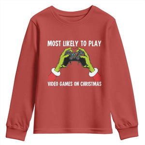 Funny Elf Hand Christmas Youth Sweatshirt Most Likely To Play Video Games On Christmas TS14 Red Print Your Wear
