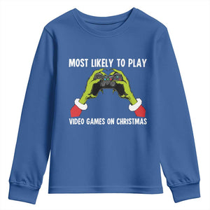 Funny Elf Hand Christmas Youth Sweatshirt Most Likely To Play Video Games On Christmas TS14 Royal Blue Print Your Wear