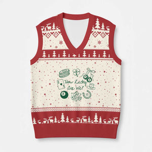 How Lucky Are We V-Neck Knit Sweater Vest Irish Shamrock Horseshoe St Patricks Day TS14 Beige Red Print Your Wear