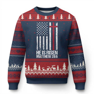 He Is Rise Ugly Christmas Sweater Christian American Flag Easter Bible Verse TS14 Navy Red Print Your Wear