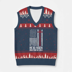 He Is Rise V-Neck Knit Sweater Vest Christian American Flag Easter Bible Verse TS14 Navy Red Print Your Wear