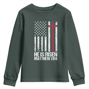He Is Rise Youth Sweatshirt Christian American Flag Easter Bible Verse TS14 Dark Forest Green Print Your Wear
