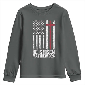 He Is Rise Youth Sweatshirt Christian American Flag Easter Bible Verse TS14 Dark Heather Print Your Wear