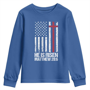 He Is Rise Youth Sweatshirt Christian American Flag Easter Bible Verse TS14 Royal Blue Print Your Wear