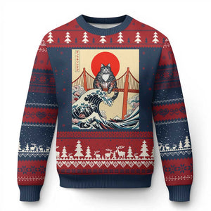 San Francisco Cat Ugly Christmas Sweater Vintage Japanese Anime Kawaii Cat Sunset TS14 Navy Red Print Your Wear