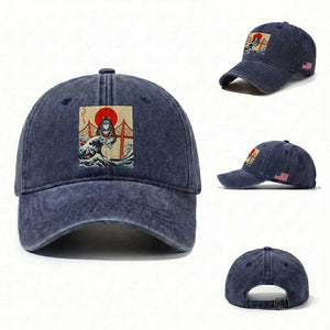 San Francisco Cat Washed Cotton Baseball Cap Vintage Japanese Anime Kawaii Cat Sunset TS14 Washed Cap Universal Fit Navy Print Your Wear