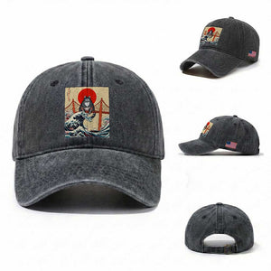 San Francisco Cat Washed Cotton Baseball Cap Vintage Japanese Anime Kawaii Cat Sunset TS14 Washed Cap Universal Fit Dark Gray Print Your Wear