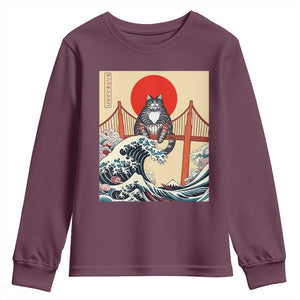 San Francisco Cat Youth Sweatshirt Vintage Japanese Anime Kawaii Cat Sunset TS14 Maroon Print Your Wear