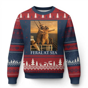 Vintage Feral At Sea Cruise Ugly Christmas Sweater Funny Raccoon Parody Movie TS14 Navy Red Print Your Wear