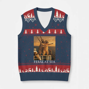 Vintage Feral At Sea Cruise V-Neck Knit Sweater Vest Funny Raccoon Parody Movie TS14 Navy Red Print Your Wear