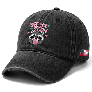 See Ya Soon Washed Cotton Baseball Cap Funny Raccoon Summer Last Day Of School TS14 Print Your Wear