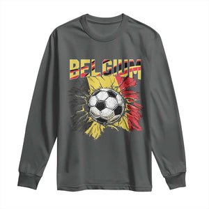Belgium Belgian Flag Souvenir Belgie Long Sleeve Shirt Game Day Soccer Fans Football TS14 Dark Heather Print Your Wear