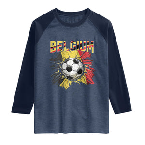 Belgium Belgian Flag Souvenir Belgie Raglan Shirt Game Day Soccer Fans Football TS14 Heather Denim Navy Print Your Wear