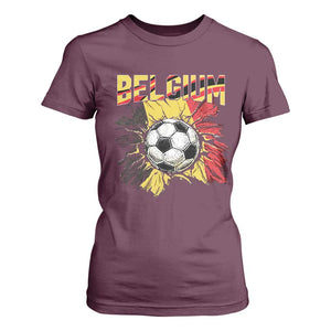 Belgium Belgian Flag Souvenir Belgie T Shirt For Women Game Day Soccer Fans Football TS14 Maroon Print Your Wear